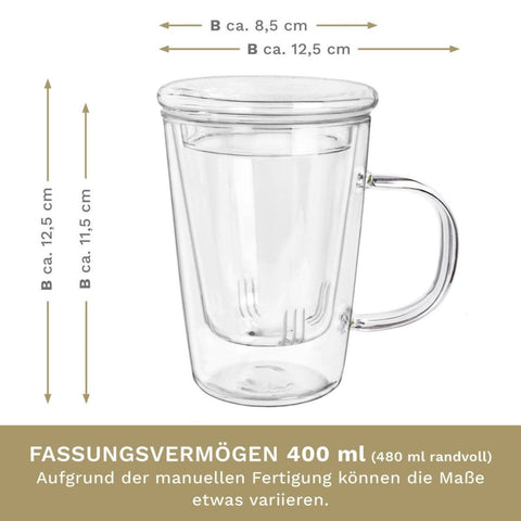 Creano Teeglas 400ml - Teetasse, Sieb & Deckel aus Glas - Teekränzchen