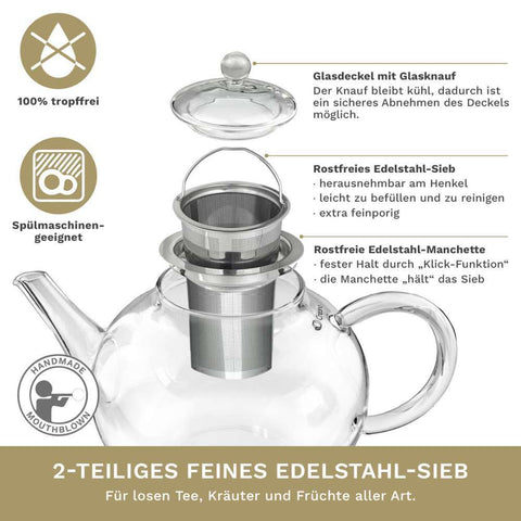 Glasteekanne 0,8 Liter mit Edelstahlsieb - Teekränzchen